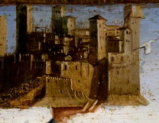 マルコ・パルメッツァーノ（1460年頃～1539年）作「聖アドリアンのプレデッラ」（イタリア、マルケ州マテリカ、聖フランシスコ教会）の「戴冠した聖母と聖人たち」（詳細