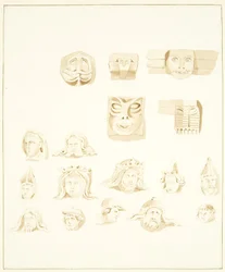 ブリストル大聖堂の鐘楼にある5つのグロテスクな頭、他12点（鉛筆・水彩・紙