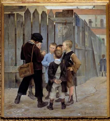 子供たちの陰謀の会合。マリア・コンスタンチノヴナ・バシュキルツェワ（バシュキルツェフ）（1860-1884）の絵画 1884年 日。1,9x1,7 m パリ、オルセー美術館 - 会合の様子。スラムの子供たち。マリア・バシュキルツェフ（1860-1884）の絵