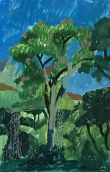 木のあるトルコの風景》2019年（紙に油彩）
