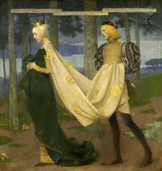 女王とページ（ハインリッヒ・ハイネの「かつて王がいた」） par Stokes, Marianne (1855-1927).キャンバスに油彩、サイズ：101x96,5、 , 個人蔵