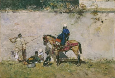 オリエンタリズム: 水辺のモロッコ人家族 (モロッコ人) - Mariano Fortuny (1838-1874) の絵画