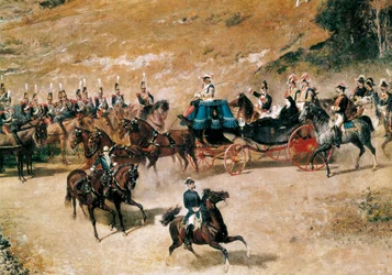 1837年にマドリードを守る砲台を視察するマリア・クリスティーナ女王と娘のイサベル2世、細部、1866年頃（油彩・キャンバス