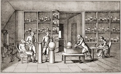 アントワーヌ・ローラン・ド・ラヴォアジエ（1743-1794）、安静時の人間の呼吸について実験を行うフランスの化学者。ラヴォアジエ夫人が描いたもので、18世紀のパリ、レマージュ・コレクション