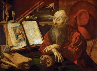 St. Jerome dans sa cellule - 独房の中の聖ジェローム」レイマーズウェーレ、マリヌスクレーズ、ファン（約1490-1567年後）作。木に油彩、約1545年。寸法：80x108cm。美術史博物館、ヴィエンヌ