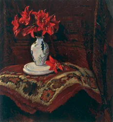 赤いユリの敷物と花瓶、マリオ・プッチーニ（1869-1920）作、キャンバスに油彩、64x59cm。