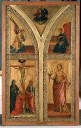 はりつけ、聖ドロシーと他の聖人を描いた祭壇の翼、c.1420（ポプラの木のテンペラ）