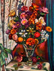1930年の銀製の花瓶の花の静物画。