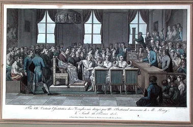 ヴァレンティン・ホーイ（1745-1822）の後継者ベルトラン氏が所長を務めるパリの「盲人施設」を訪れた教皇ピオ7世（1805年2月28日、カラー印刷）。