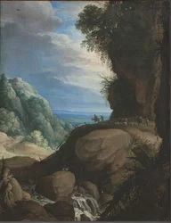 羊飼いとイタリアの山の風景