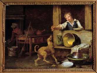 台所内部 若い使用人が犬に残飯を与える。マーティン・ドローリング（1752-1817）の絵画 19世紀 オルレアン美術館蔵
