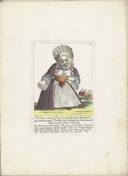 De dwerg Mademoiselle Poupon, as Parijse Schone, ca. 1710 マドモアゼル・プポーネ、パリの美人、有名な国会議事堂モンスルの娘。 Chican (オブジェクトのタイトル) Il Callotto resurcitato または Newly Furnished Zwerchen Cabin