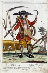 農民です。マーティン・エンゲルブレヒト(1684-1756)のエングレーヴィング、18世紀、ドイツの「マヌーヴリー・ハビーユの新しい集合体」による。パリ、装飾美術