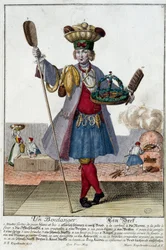 メティエ。パン屋さん。マルティン・エンゲルブレヒト（1684-1756）のエングレーヴィング、18世紀、ドイツの「マヌーヴリー・ハビーユの新しい集合体」。パリ、装飾美術