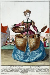 メティエ。パン屋さん。マルティン・エンゲルブレヒト（1684-1756）のエングレーヴィング、18世紀、ドイツの「マヌーヴリー・ハビーユの新しい集合体」。パリ、装飾美術