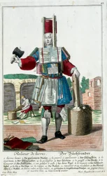 メチエ。本の製本業者。マーティン・エンゲルブレヒト(1684-1756)のエングレーヴィング、18世紀ドイツの「manouvries habillesの新しい組み立て」による。パリ、装飾美術