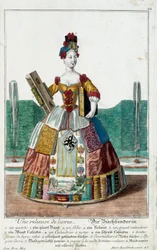 メチエ。本の製本業者。マーティン・エンゲルブレヒト(1684-1756)のエングレーヴィング、18世紀ドイツの「manouvries habillesの新しい組み立て」による。パリ、装飾美術