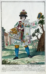 メチエ。イメージを売る人。マーティン・エンゲルブレヒト(1684-1756)のエングレーヴィング、18世紀、ドイツの「マヌーヴリー・ハビーユの新しい集合体」。パリ、装飾美術