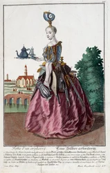 メチエ。金魚の女マーティン・エンゲルブレヒト（1684-1756）のエングレーヴィング（18世紀、ドイツ）。パリ、装飾美術