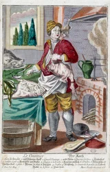 料理人。マーティン・エンゲルブレヒト(1684-1756)のエングレーヴィング、18世紀ドイツの「マヌーヴリー・ハビーユの新しい集合体」による。パリ、装飾美術