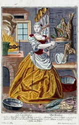料理人。マーティン・エンゲルブレヒト(1684-1756)のエングレーヴィング、18世紀ドイツの「マヌーヴリー・ハビーユの新しい集合体」による。パリ、装飾美術