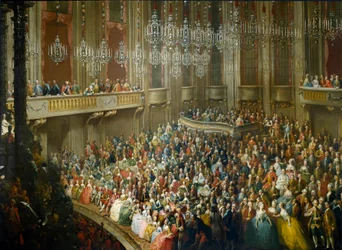 オーストリアのマリー・テレーズ（1717-1780）、皇帝となったヨーゼフ2世（1741-1790）、イザベラ・オブ・パルマ（ブルボン・パルマ）の妻に敬意を表して行われた饗宴1760年10月10日には、若き日のヴォルフガング・アマデウス・モーツァルト（1756-1791）が出席している。の絵が描かれています。