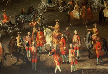 1743年にプラハでフランス軍の敗北を祝う、ウィーンホフの冬の乗馬学校の騎兵隊（詳細、オーストリアの皇后マリアテレジアの灰色の馬に乗った様子）（詳細