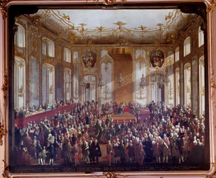 オーストリアのマリー・テレーズ（1717-1780）、1764年の聖シュテファン騎士団の任命式にて 絵画：マルティン・ファン・メイテンス（1695-1770） 1764年 ウィーン。Kunsthistorische Museum - オーストリアのマリア・テレジア（1717-1780）、シュテファン騎士団の任命式にて