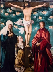 聖母マリア、マグダラの聖マリア、福音書記者ヨハネを従えた磔刑像 1525-1530年頃 テンペラ、油彩、スプルース材