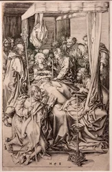 紙にエングレーヴィング。聖母の死マルティン・ションガウアー1470-1491年頃(紙にエングレーヴィング）