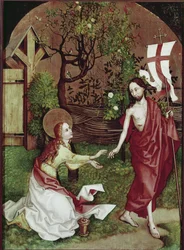 Noli me Tangere.マルティン・ショーンガウアー（1453-1491）の絵画、木にテンペラ。コルマール、ウンターリンデン美術館