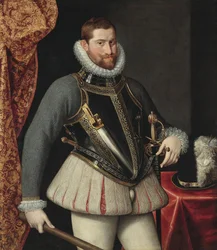 ロドルフ2世（ローマ皇帝）-神聖ローマ皇帝ルドルフ2世（1552-1612）の肖像 par Rota, Martino (c. 1520-1583).油彩・キャンバス、サイズ：112x98.5、個人蔵
