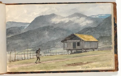 キャビンとハイカーのいる山の風景