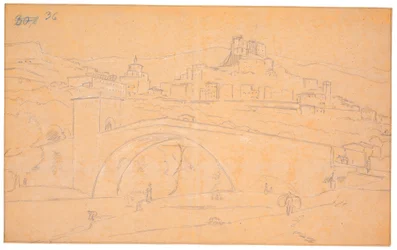 川に架かる橋とスビアコの町を背景にしたイタリアの風景