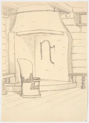 暖炉と背もたれ付きの丸い木製の椅子