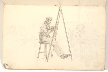 イーゼルのアーティスト、および背景の人物のスケッチ