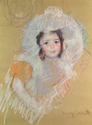 大きな帽子をかぶった少女のバストまたはマーゴットラックス（紙にパステル）