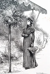 クリスマスの飾り付けに使うヒイラギを買う女性。イギリスの画家、メアリー・エレン・エドワーズ（1838-1934）作