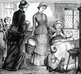 貧しい家人に贈り物をする女性。イギリスの画家、メアリー・エレン・エドワーズ（1838-1934）作
