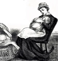 赤ちゃんを揺らす母親の姿を描いたエングレーヴィングです。挿絵のメアリー・エレン・エドワーズ（1838-1934）は、イギリスの芸術家であり、多くの子供の本の挿絵を描いた人物です。
