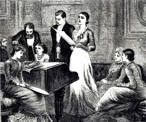 音楽の夕べを描いたエングレーヴィング。メアリー・エレン・エドワーズ（1838-1934）は、イギリスの画家であり、児童書の挿絵画家でもあります。
