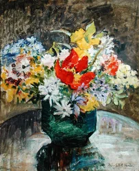 緑の花瓶の花（油彩・キャンバス）