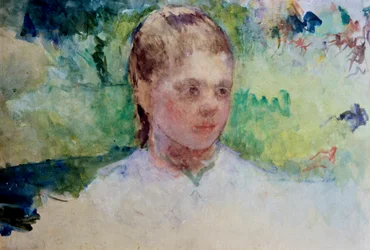 少女の頭部。緑の背景。メアリー・カサット（1845-1926）の絵画。水彩。