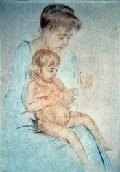 小さな裸の子供を膝に抱き、その爪を手入れする女性、1904年頃。メアリー・カサット（1844-1926）、1866年以降主にフランスで暮らしたアメリカ人画家、版画家。家庭、母、子供