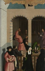 慈悲の七つのわざ 慈悲の7つの作品を備えたポリプティクのパネル：捕虜を慰める
