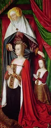 フランスのアン（1476-1514）と彼女の娘、ブルボンのスザンヌ（1491-1521）c.1498を表すセントアンを描いた右側のパネル、ブルボン祭壇画