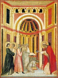 ティブルシオにバプテスマを施すアーバン司教、1304年頃の聖セシリアの伝説の祭壇画の詳細、聖セシリアのマスター（14世紀初頭に活動）による、パネルにテンペラ、金箔の刻印、85x181 cm