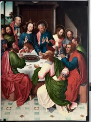 La cene (最後の晩餐) San Giovanni evangelista (Saint John Evangelist) の巨匠による絵画 (15 世紀後半) Dim 120x90 cm Genes, Musei di Strada Nuova (ex Palazzo Bianco) inv n PB 156