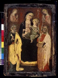 「マドンナとチャイルド エンスローニング ウィズ セント ピーター アンド ポール」 (Madonna and Child Enthroned with Saints Peter and Paul) ムチアーノのサン ヤコポの巨匠による木版画 (15 世紀) プーシキン美術館、モスクワ