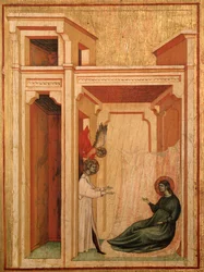 聖セシリアと彼女の生涯の物語 詳細天使がヴァレリアヌスに花を運ぶ - 祭壇画、1290年から1320年頃